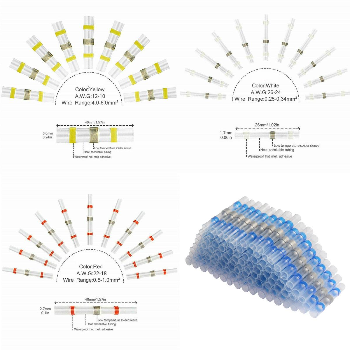 PoDhey 200Counts Solder Seal Wire Connector Heat Shrink Butt Connector Waterproof Insulated Electrical Wire Terminal Solder Sleeve Sealed Electrical Butt Splice for Marine Automotive