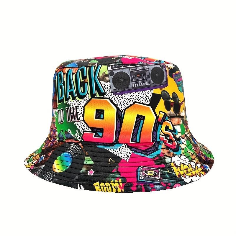 Vintage Unisex Floral Snapback Bucket Hat - 80s Design Polyester Beach Cap, Colorful Retro Multi Color Festival Inspired Printed Graphic Hat, Ideal for Beach Trips & Casual Outings, Snapback Hat, Colorful Retro Hats