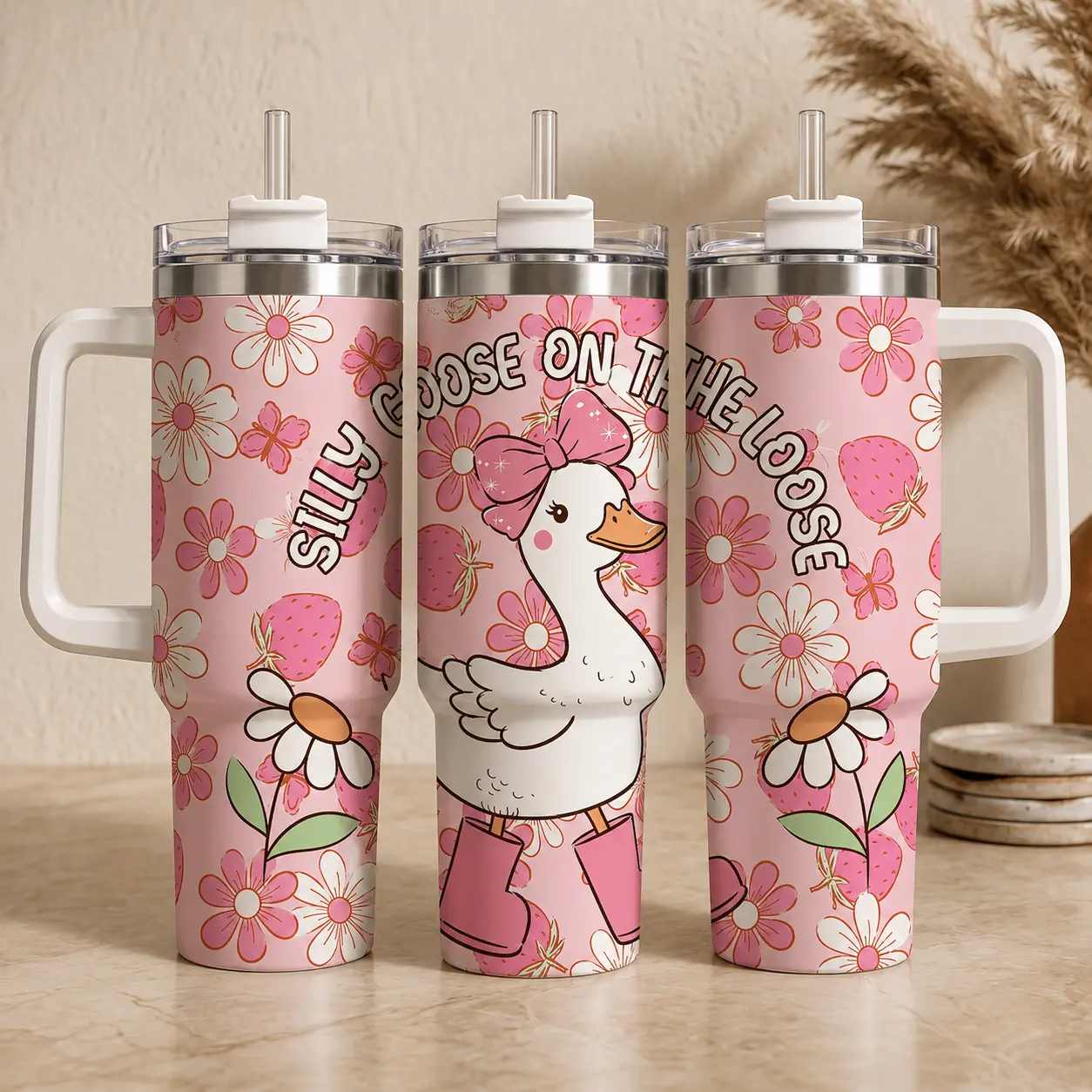 Silly Goose on the Loose 40oz Stainless Steel Insulated Tumbler with Handle and Straw, Cute Pink Bow Strawberry Floral Goose 2D Printed Travel Cup, Gift for Women