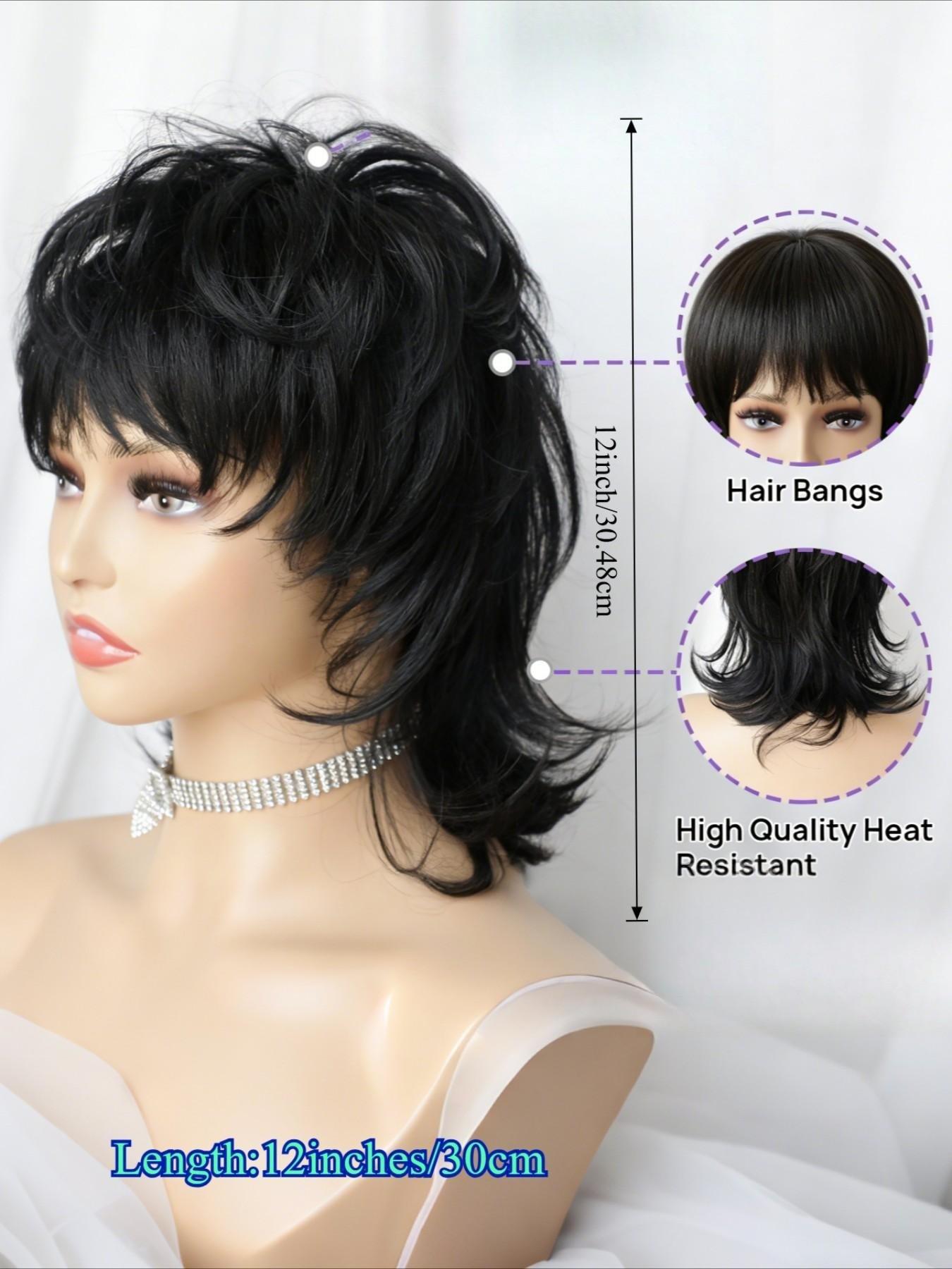 8 Inch Short Pixie Cut Wig With Bangs, Natural Black Brown Shaggy Layered 80s Mullet Wig, Heat Resistant Fluffy Curly Glueless Synthetic Wig, Synthetic Material Wigs, Realistic Scalp Top Soft Fiber Hair Replacement Wigs for Women Daily Party Cosplay Wig