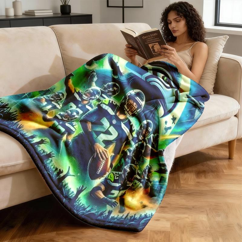 Seattle Seahawks Player Theme Flannel Blanket, Large Size, Soft Lightweight Warm, Perfect for Bed Sofa Office Camping Travel