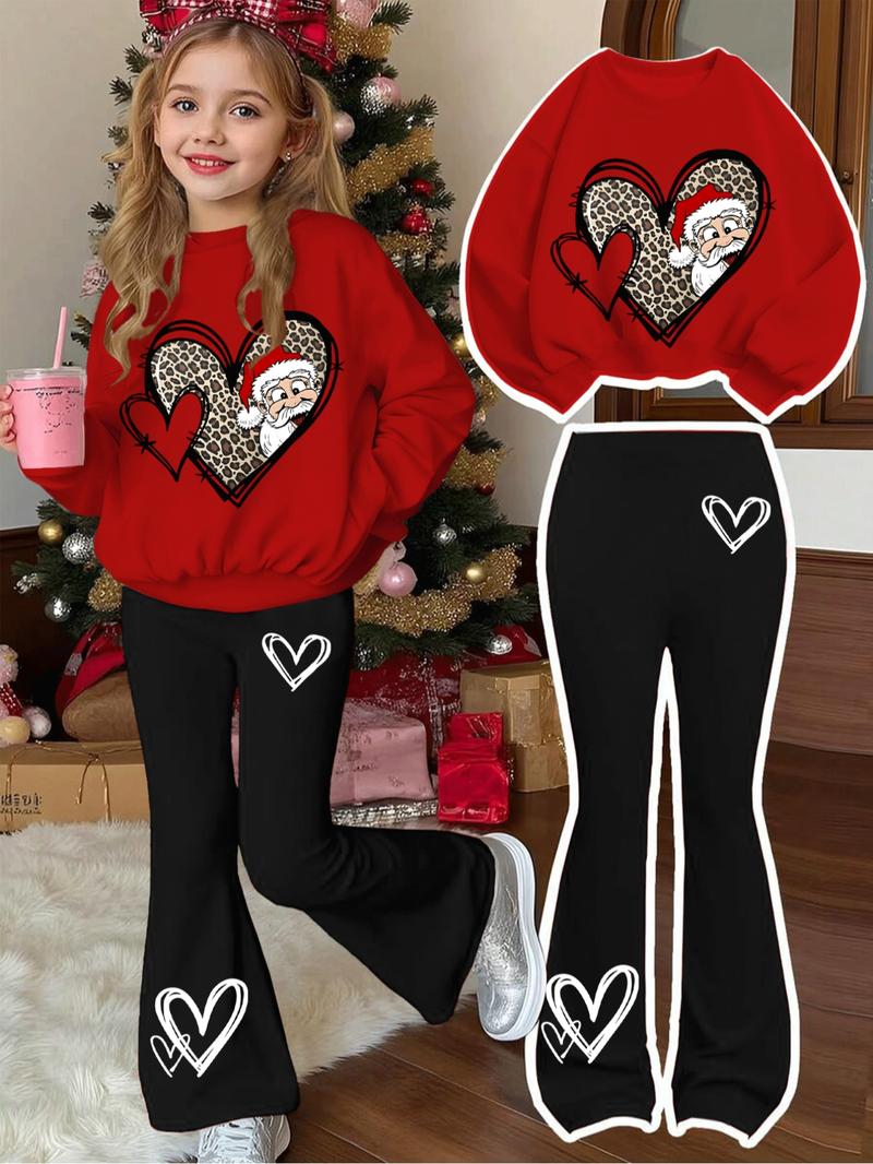 Girls' Christmas Leopard Heart Santa Print Sweatshirt & Casual Bell Bottoms Set, Fitted Style, Fall&winter Fashion, Fashion Clothes Set