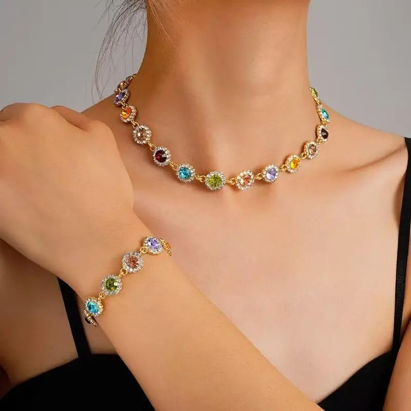 Women's Luxury 2-Piece Rainbow Gemstone Jewelry Set - Accessories for Women, Necklace & Bracelet, Euro-American Design, Elegant Everyday/Party Use, Excellent Gift Option for Adults, Sports & Outdoor Protective Gear Complement
