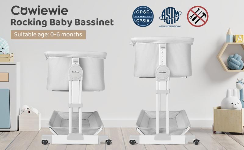 Cowiewie Bassinet Bedside Sleeper, Rocking Bassinet for Baby with 4 Wheels & 7 Adjustable Height, 360° All-Round Breathable Mesh Sides Bedside Crib, 2025 New