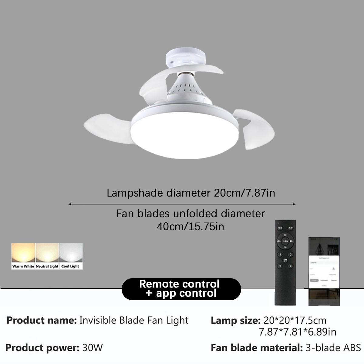 LED ceiling fan light, white, stepless dimming, invisible ceiling fan lamp, with remote control + APP control, suitable for bedrooms, living rooms, kitchens, studies, indoor lighting and fan light.