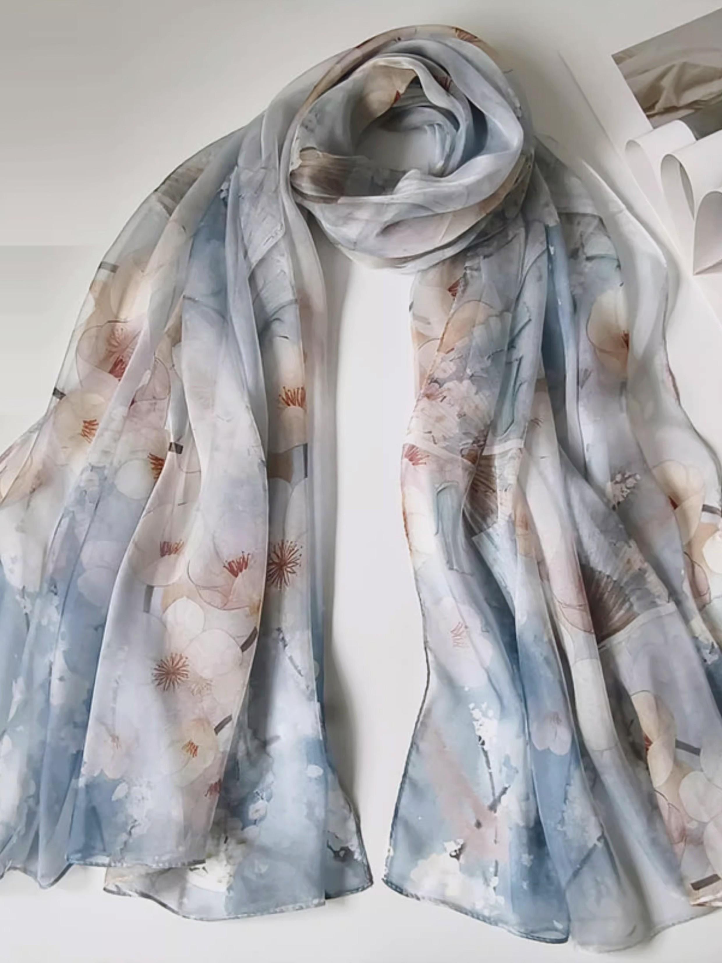 175cm*110cm Printed Silk Shawl for Women, High-End Silk Scarf, Lotus Pattern, 100% Mulberry Silk, Soft and Breathable, Ideal Gift