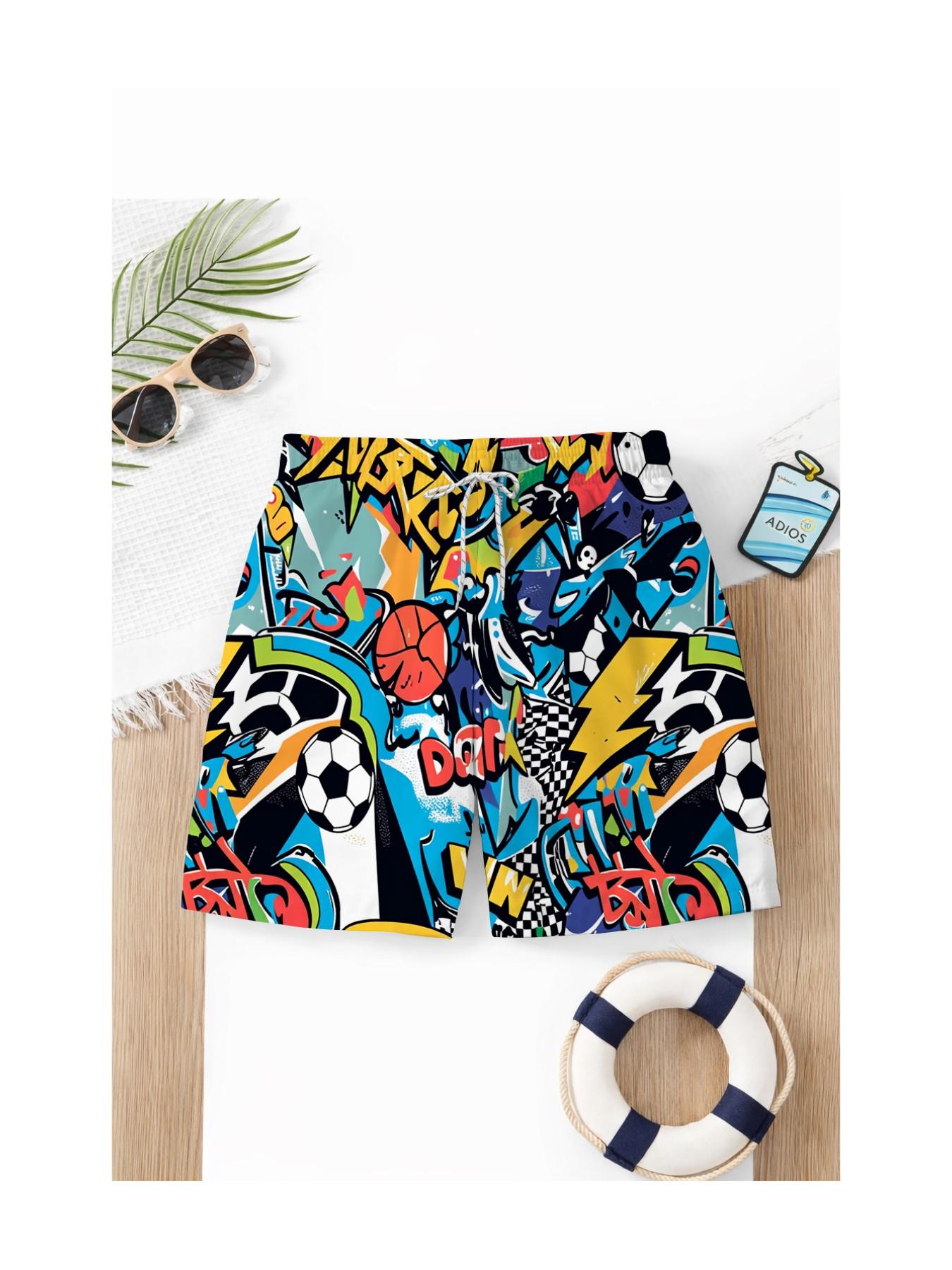 Boys' Quick-Dry 3D Soccer Print Beach Pants, Breathable Elastic Waist with Drawstring, Lightweight Swimsuit for Summer Pool, Beach, Outdoor Activities