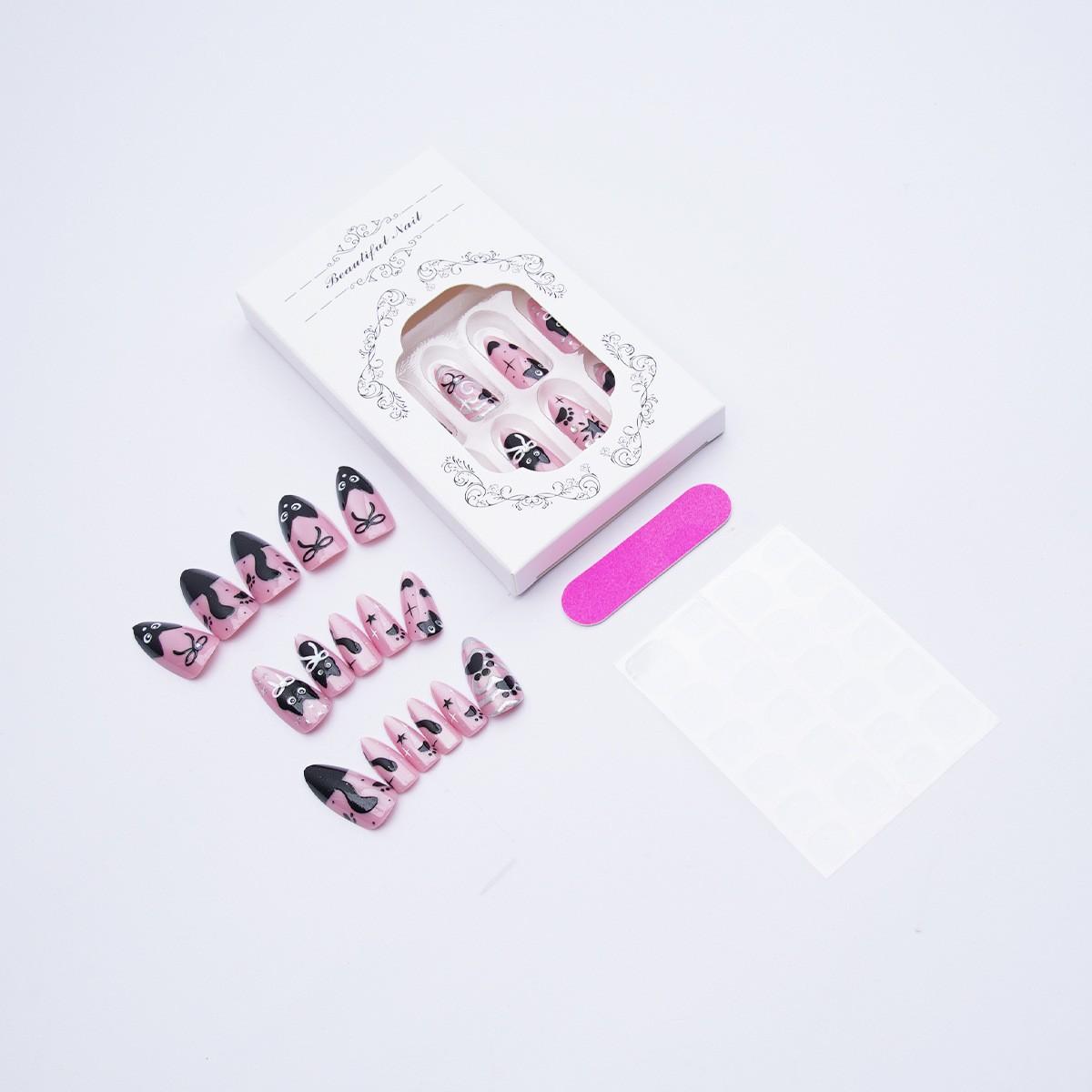 Pastel Pink Cherry & Bow Cat Eye Press On Nails, 3D Epoxy Love Heart, Low Saturation Nude Tone, Sweet Gentle Fresh Style, Pearl Chain & Rhinestone Bling Luxury Wearable False Nails