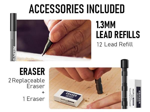 3 Pack 1.3 mm Mechanical Pencils Set with 36 Lead Refill, 3 Eraser - Weatherproof Metal Barrel, Heavy Duty Carpenter Pencil for Outdoor Marking Drafting Drawing Sketching Woodworking - with Case