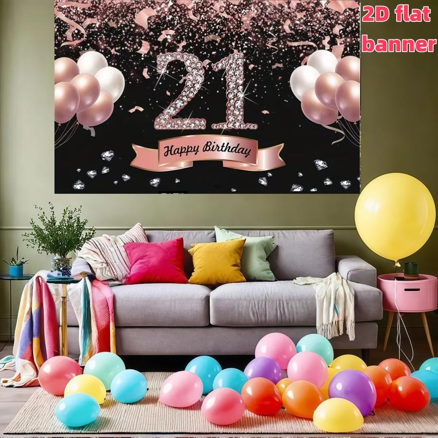 Pink gold diamond 21st birthday party background fabric, happy birthday polyester banner, suitable for living rooms, bedrooms, offices, birthdays, anniversaries, home decoration, outdoor and indoor parties, photography background fabric