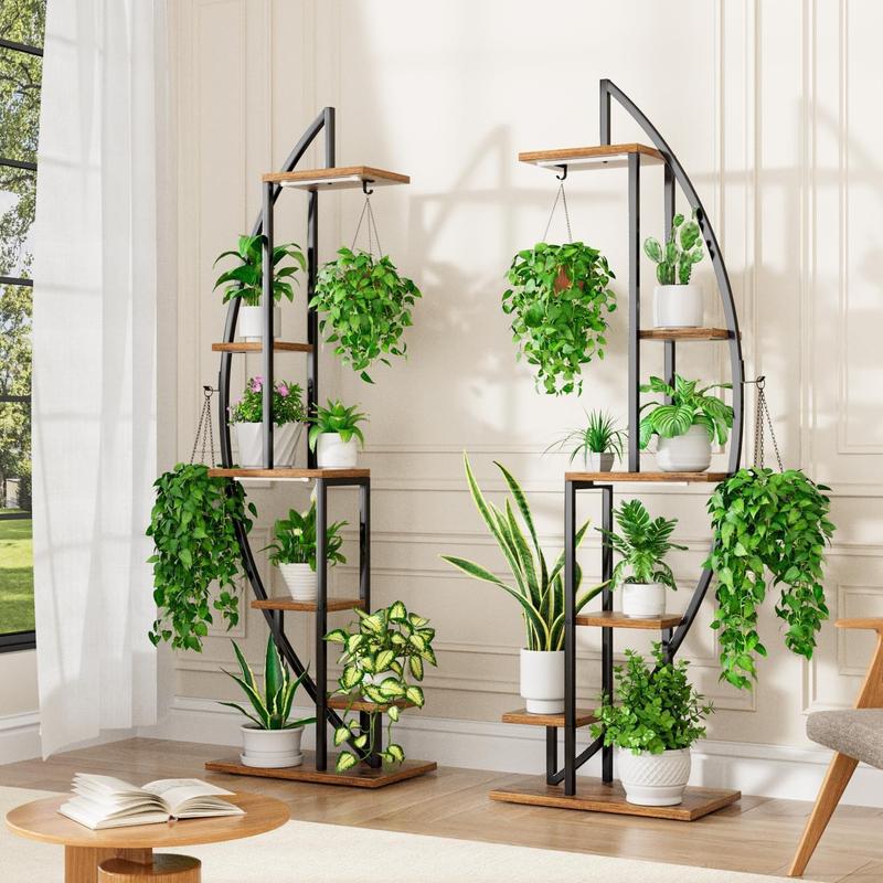 POZILAN Plant Stand Indoor with Grow Lights, 6 Tiered Tall Plant Shelf, 63" Metal Plant Stand for Indoor Plants Multiple, Half-Moon Plant Rack Display Shelf, 2 Pcs Plant Holder for Living Room, Patio   Flower Artistic Decorative Home