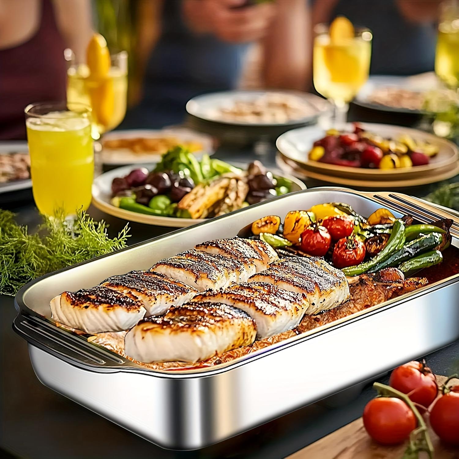 1/2/4PCS Extra Large Thickened Stainless Steel Fish Roasting Pan with Lid - Rectangular Non-Stick Oven Tray, Ideal for Desserts, Bread & Seafood - Perfect for Grilling & Buffet Serving | Spacious Design, Great Christmas Gift