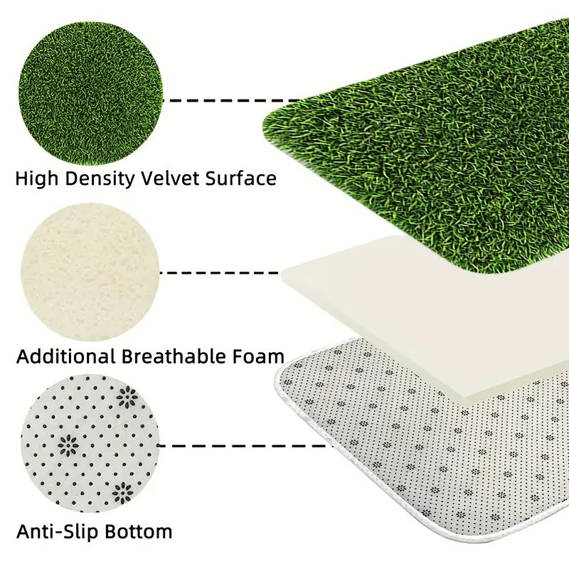 2D Flat, 2D Flat, 2D Flat Printing, 3pcs Lawn Grass Pattern Bathroom Mat And Carpet Set, Toilet Lid Mat, Toilet U-Shaped Pad, Fleece Material, Soft Surface