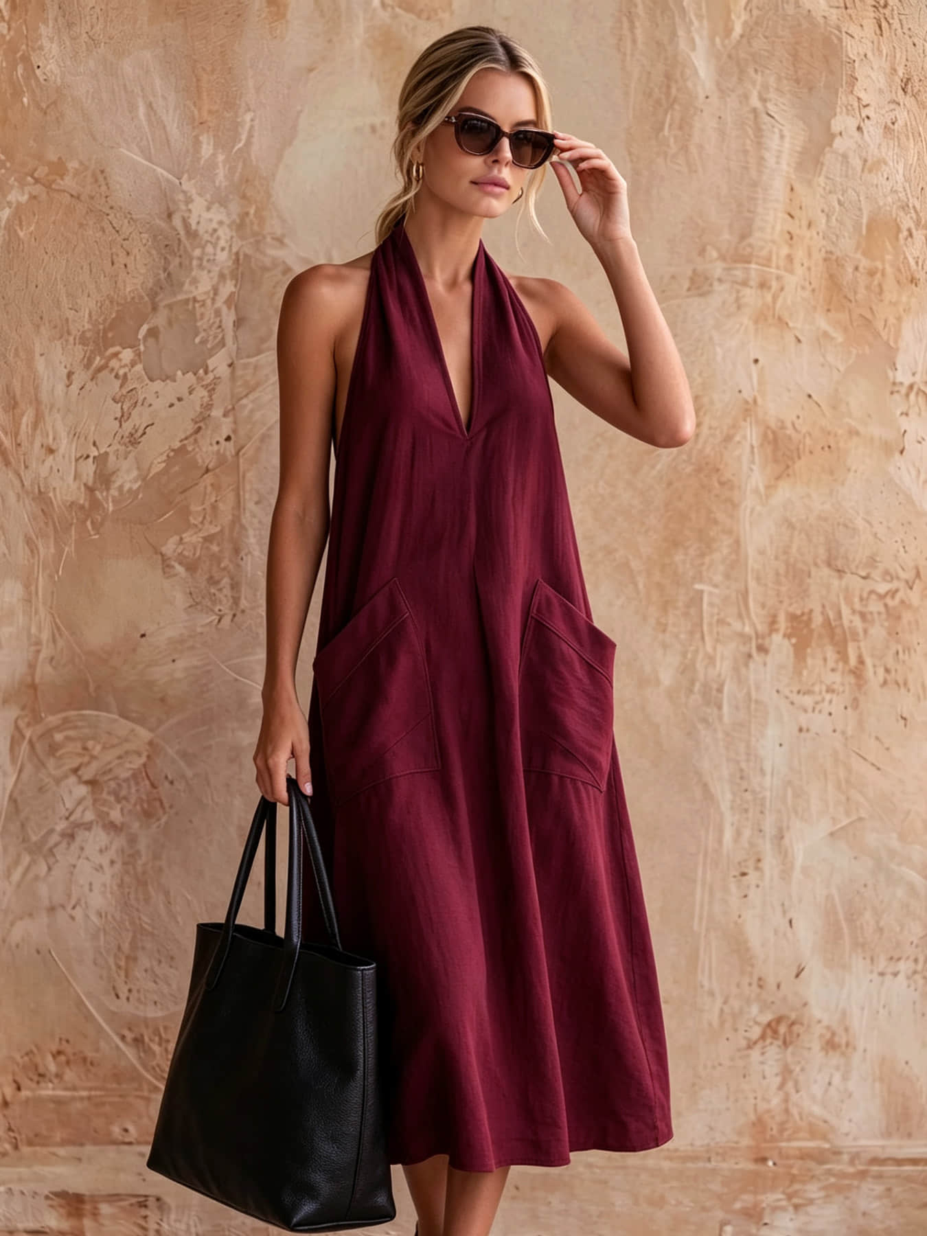 A fashionable women's neck hanging V-neck dress, summer Minimalist Casual loose sleeveless mid length lazy vacation long dress beach party dress suitable for beach vacation, coffee shop relaxation, afternoon tea, daily commuting, light office banquet
