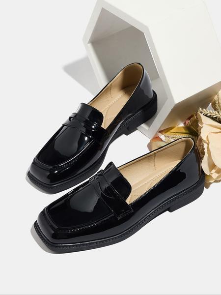 Women's Fashion PU Leather Loafers, Geometric Pattern Slip-On Shoes, Comfortable Mid Heel Fall & Winter Footwear