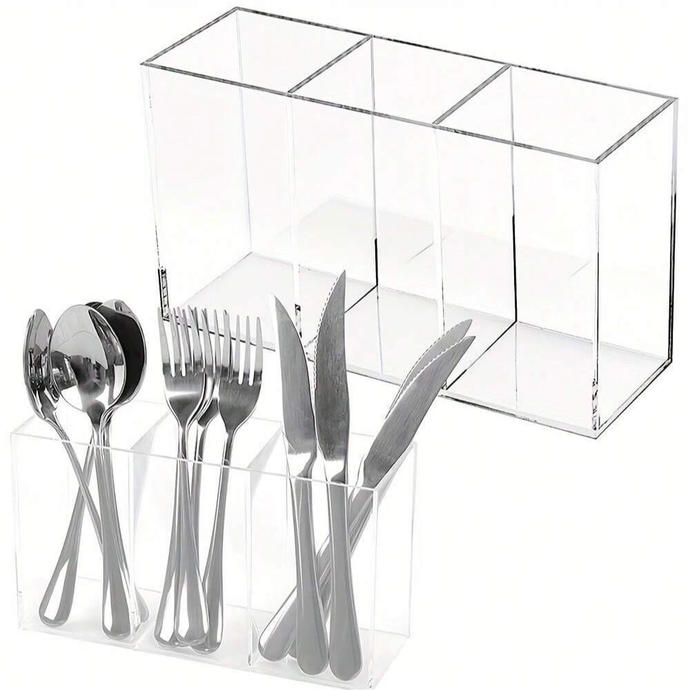 Acrylic Storage Box for Silverware Kitchen Large Capacity Multi-Compartment Utensil Rack, Plastic Cutlery Organizer, Desktop Pen Holder
