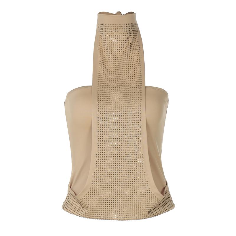 Crystal Embellished Halter Tank Top Women's Sexy Neck Tie Back Slim Bodycon Solid Top for Summer Holiday Vacation Outfit Night Party Dating Short Tops