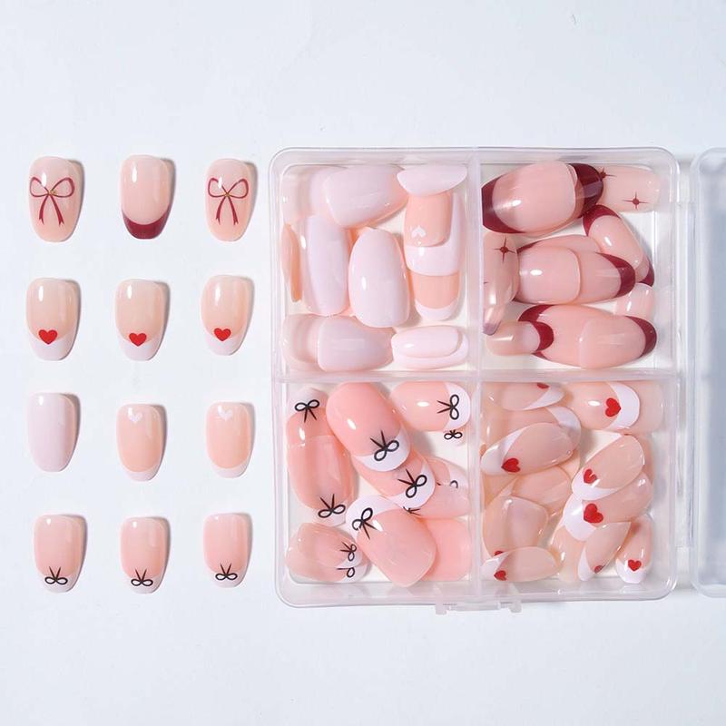 96pcs Short Oval Heart Bow False Nails Set, Removable Press-On Acrylic Nails, Y2K Style, Perfect for Women, Valentine's Day, Fall Winter