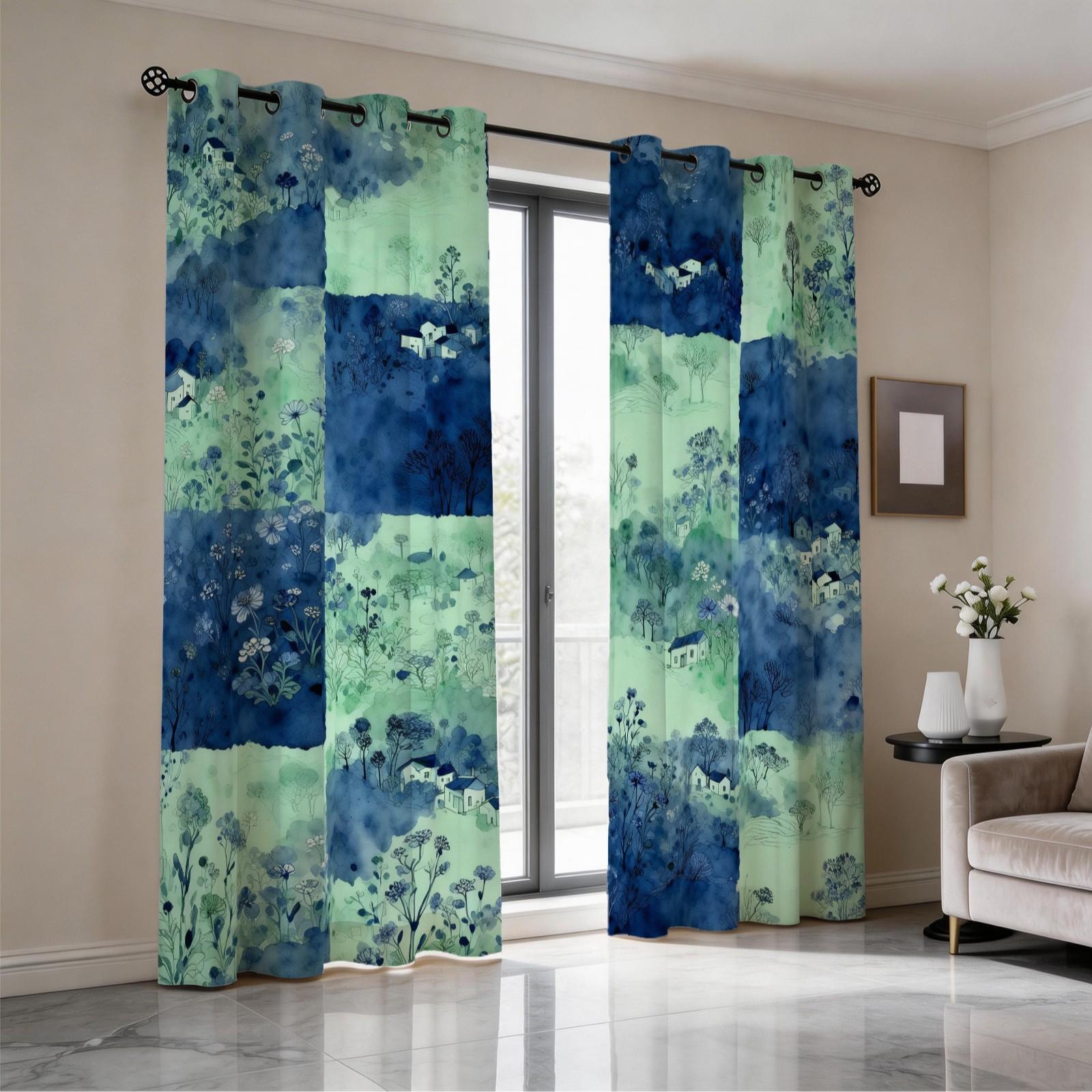 2 Panels Watercolor Landscape Checkered Curtains, HD Digital Printed Blackout Curtains, 85% Light Blocking Rate, Dustproof Decorative Curtains for Bedroom and Living Room