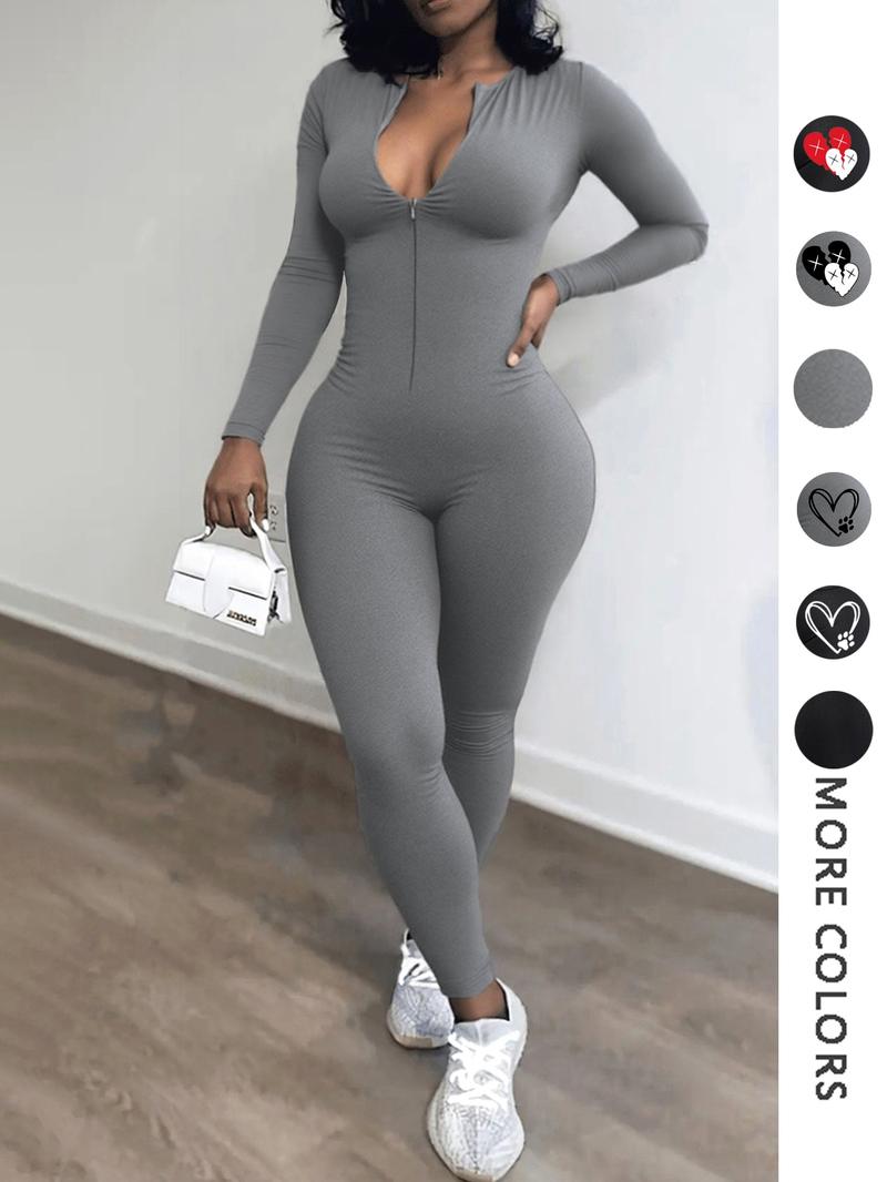 Women's Plain Tight-Fit Zipper Jumpsuit, Long Sleeve Casual Romper, Spring & Fall Fashion, Comfortable One-Piece