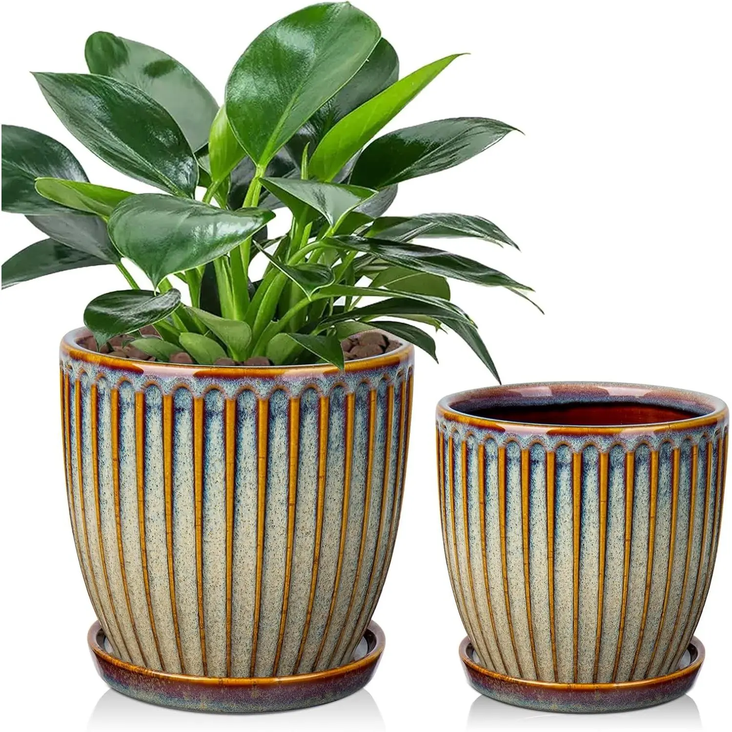 Ceramic Pots for Indoor Plants, 4.9 +5.7 inch Set of 2 Brown Plant Pots with Drainage Holes and Saucers Texture Ceramic Planters Indoor Outdoor Flower Planters for Succulent