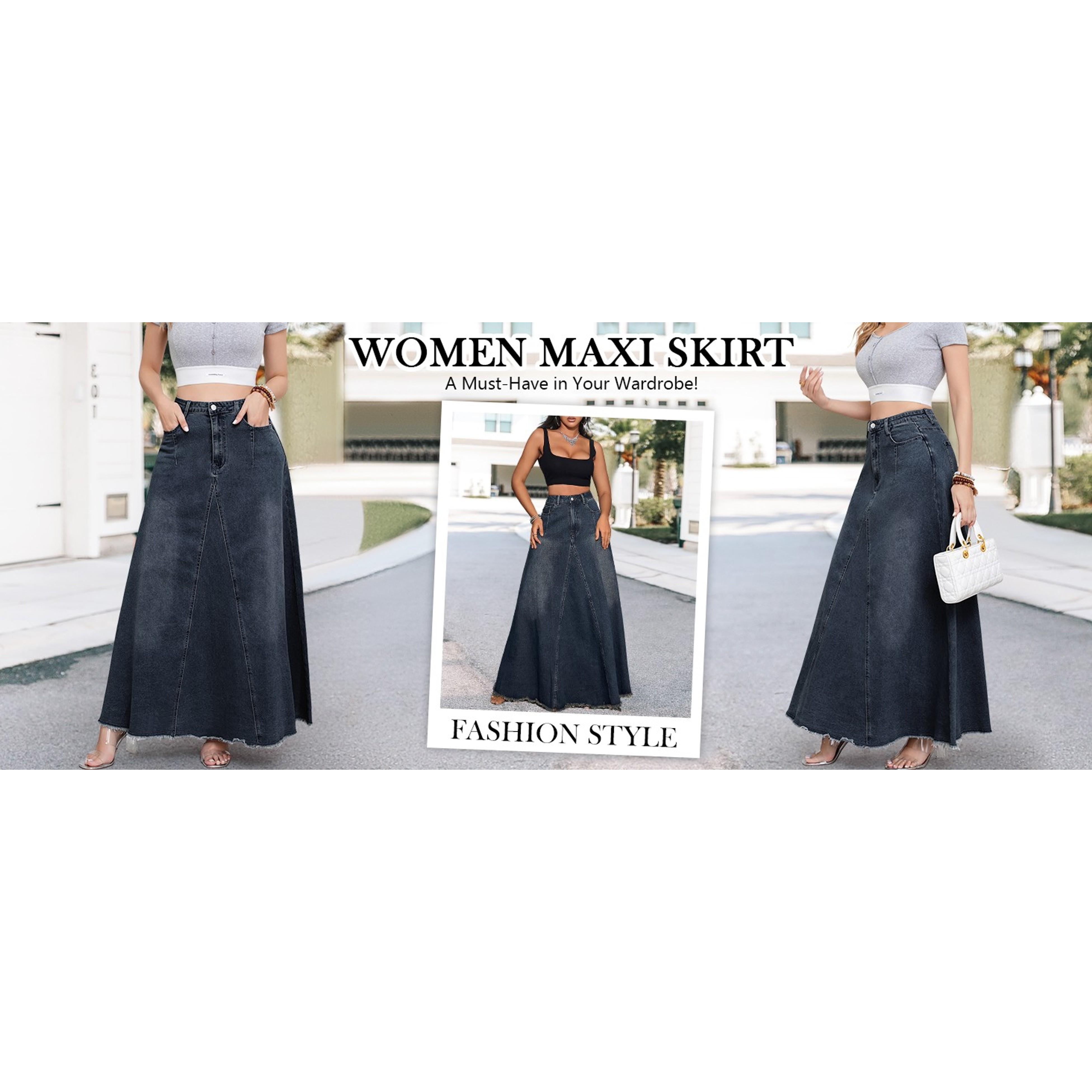 ebossy Women's Retro Distressed High-Waist Frayed-Hem Flared A-Line Patchwork Maxi Denim Skirt with Pockets, Buttons, Zipper - Casual Hippie Bottoms for Birthday, Party (Gift)