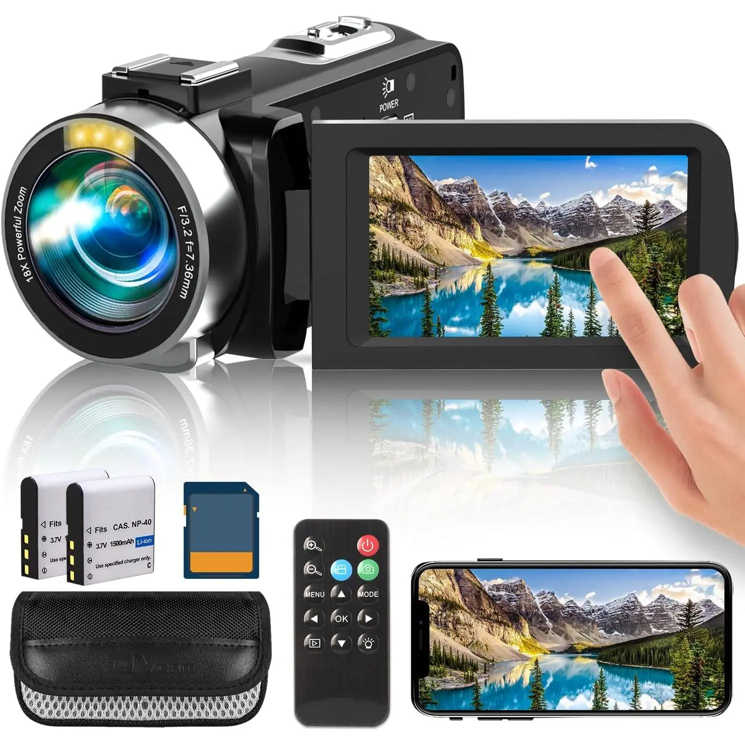 4K Camcorder Video Camera, 48MP Digital Video Camera for YouTube, with 3'' 270  Rotation Touchscreen, 18X Video Recorder Vlogging Camera with Remote Control and Two