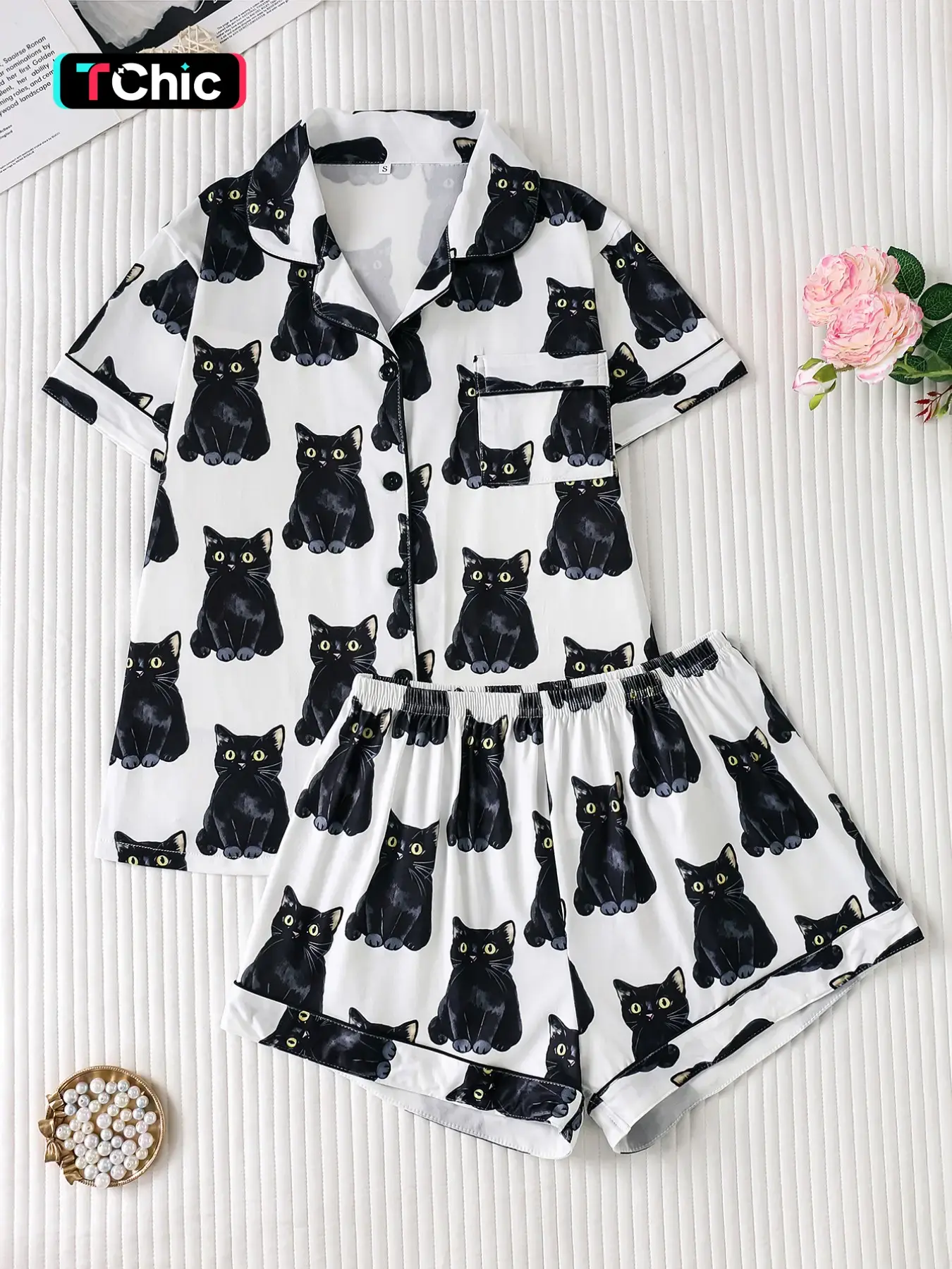 Women's Pajama Set, Base Cat All over Print, Fitted Short Sleeve Top & Loose Shorts, Casual Home Wear, Cozy and Comfortable, Nightwear Loungewear Set, Loungewear Shorts Sets, Loungewear Sleepwear