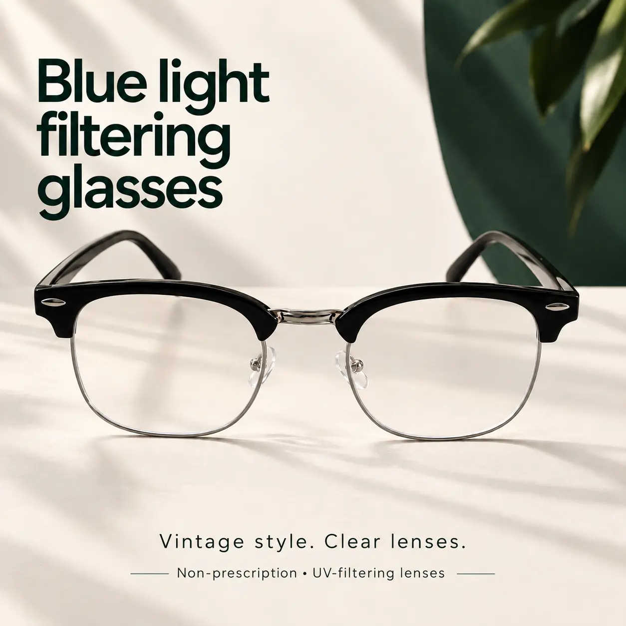 Blue Light & UV Filtering Non-Prescription Glasses for Women and Men, Clear Lenses, Vintage Browline Rounded Square Frame for Computer Work, Office, Study, Gaming and Everyday Wear