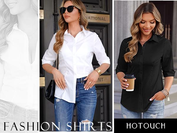 Women's Basic Button Down Shirts 3/4 Sleeve Stretch Button Up Dress Shirt Slim Fit Waitress Work Shirts Summertok citygirl Top Blouse