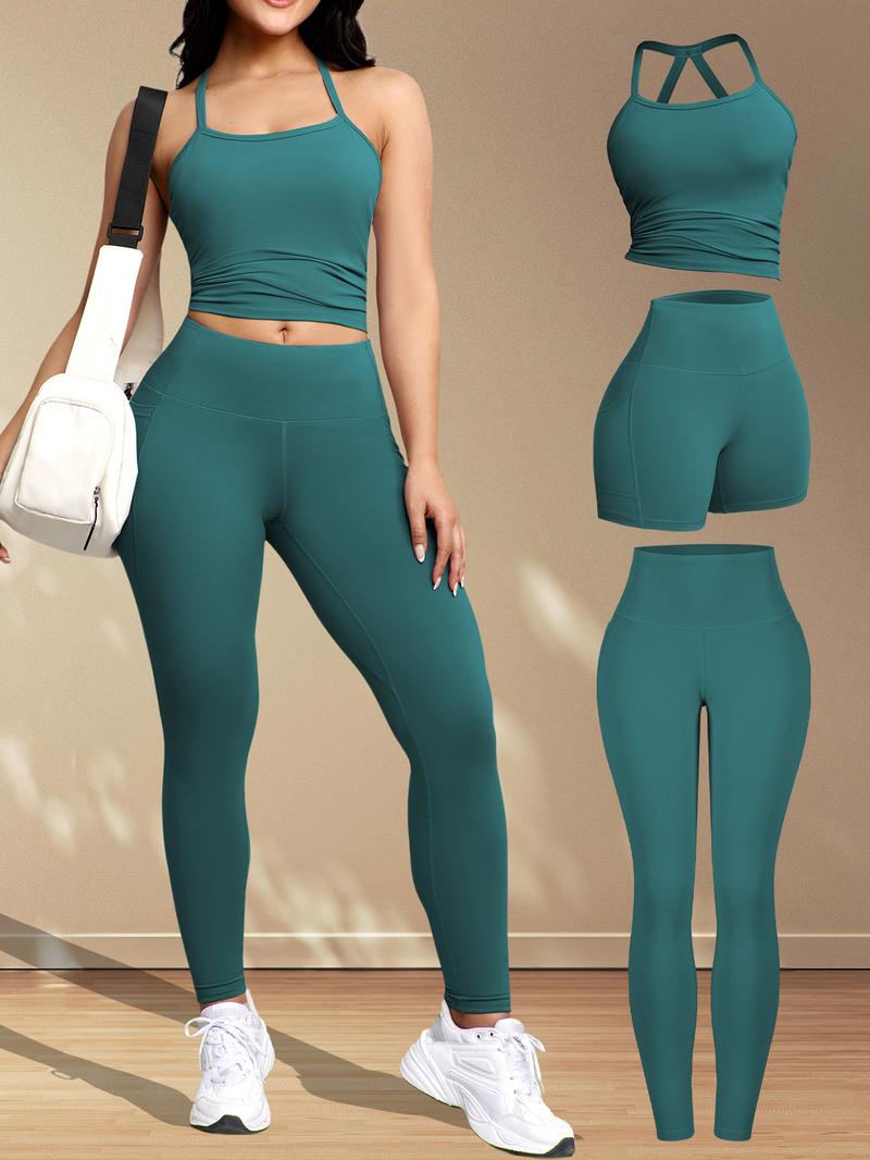 3 Piece Set, Women's Casual Fitness Crossback Vest Sport Shorts High Waist Running Exercise Pocket Underwear Set Sports Fitness Wear