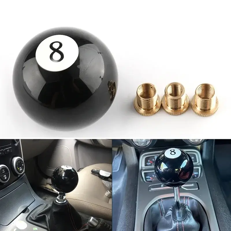 Universal Round Shifter Knob Black 8 Ball Racing Acrylic Speed Gear Shifter with 3 Adapters Fit for Manual Vehicles