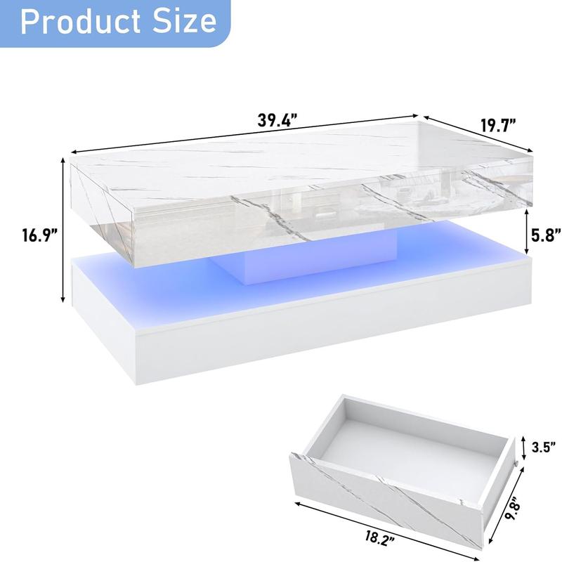 LED Coffee Table with 2 Storage Drawers Modern High Gloss Black Coffee Table w/20Colors LED Lights 2 Tiers Rectangle Center Table for Living Room with Marbling Print APP Control Futuristic Design
