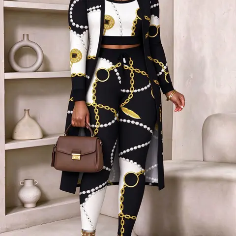 Chains Print Three Piece Set – Vest + Pants + Long Coat, Slimming Design, Street Fashion, Fall Winter, Casual Style