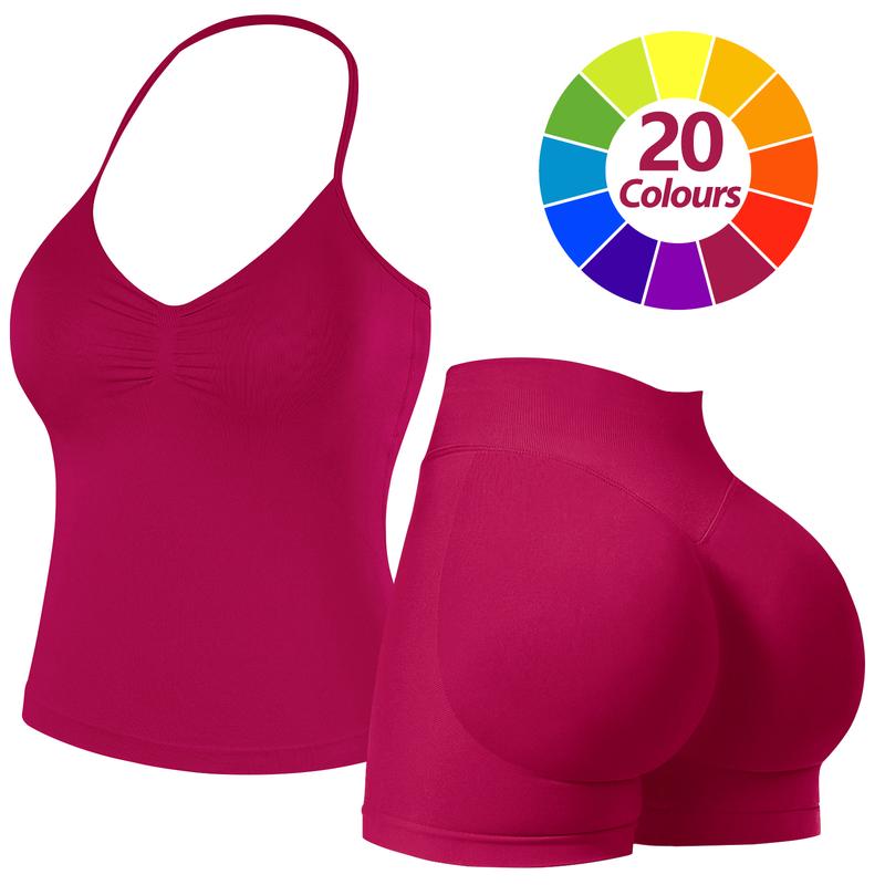 RICH BRIA Sports Sets for Women Seamless Halter Tank Top with High Waist Shorts Set for Yoga and Fitness, Breathable & Comfortable Activewear Summer Two-Piece