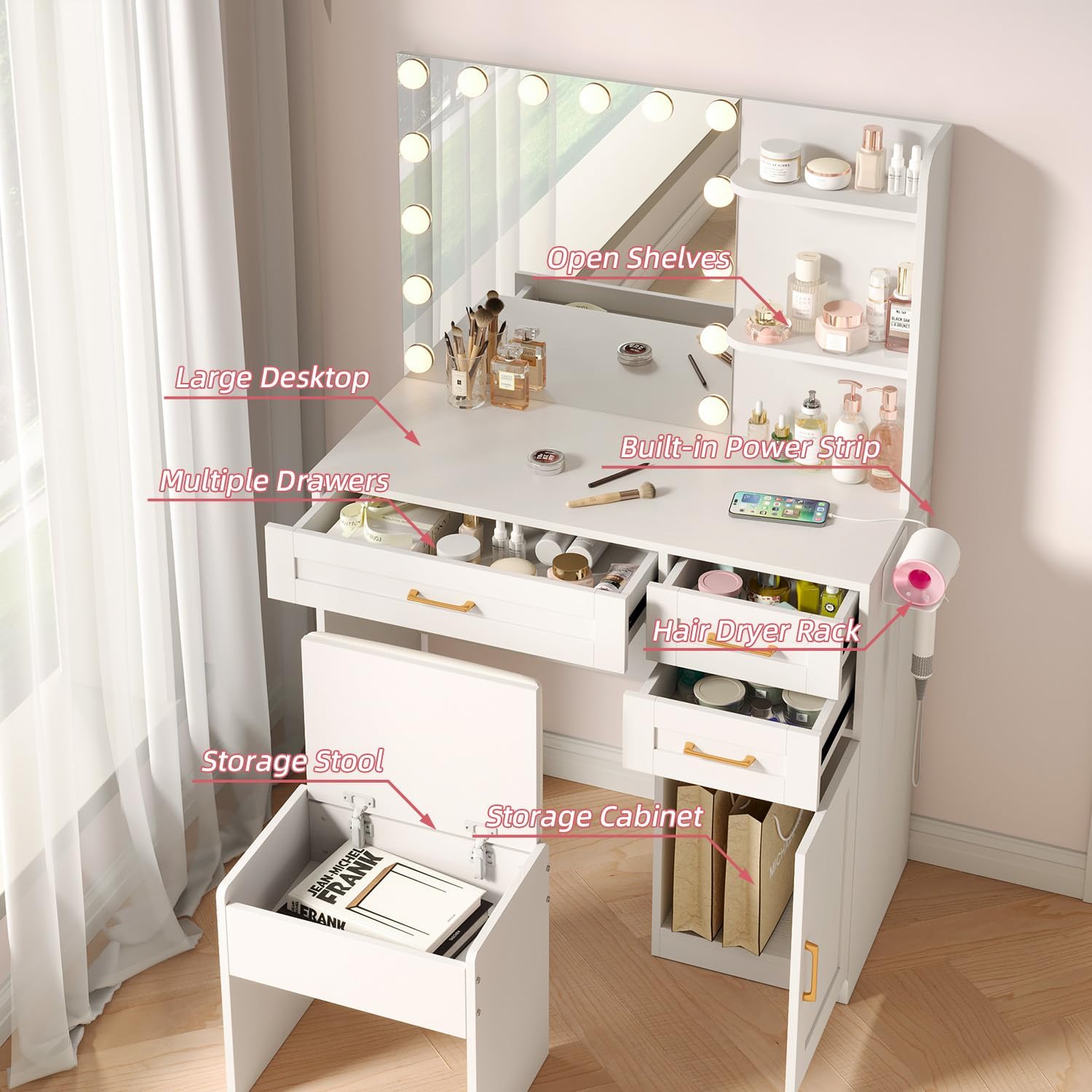 Vanity Desk with LED Lighted Mirror & Charging Station, Makeup Vanity Set with 3 Drawers, Cabinet, Shelves & Cushioned Stool, Modern White Dressing Table for Bedroom