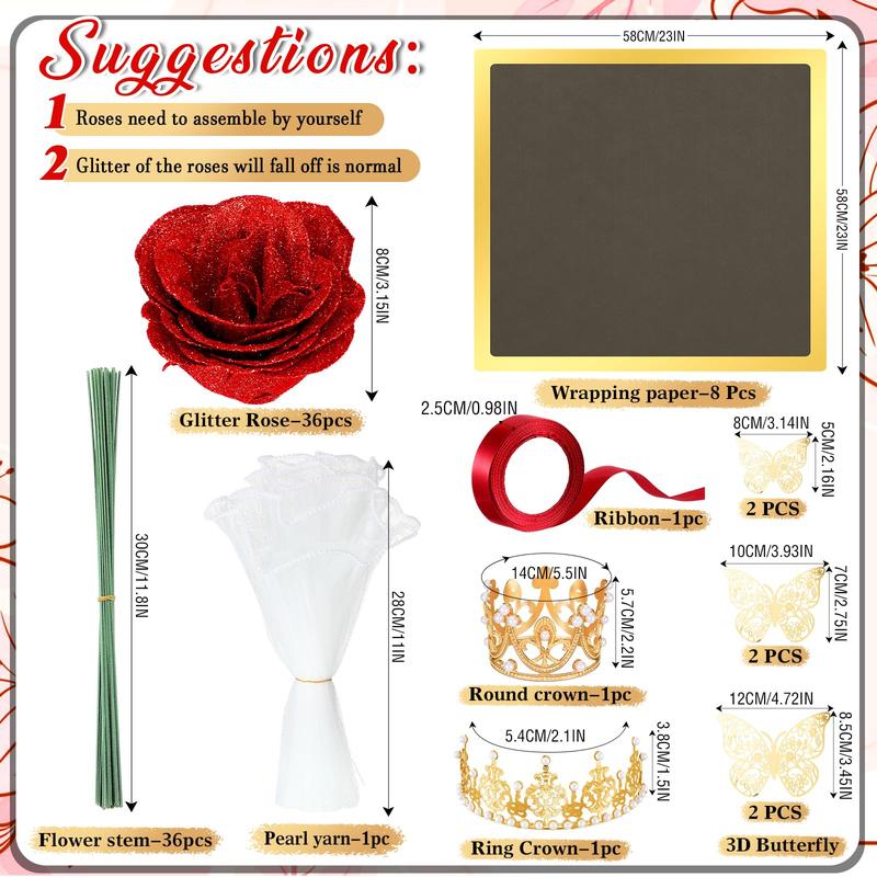 24/36 Pcs Valentine Gift Glitter Roses Bouquet Set DIY Fake Flowers Bouquet with 3D Butterflies Crowns Alphabet Stickers & Ribbons for Girlfriend Wife Mom Friend Women Gift Perfect for Valentine's Day Birthday Engagement Wedding Anniversaries Graduation