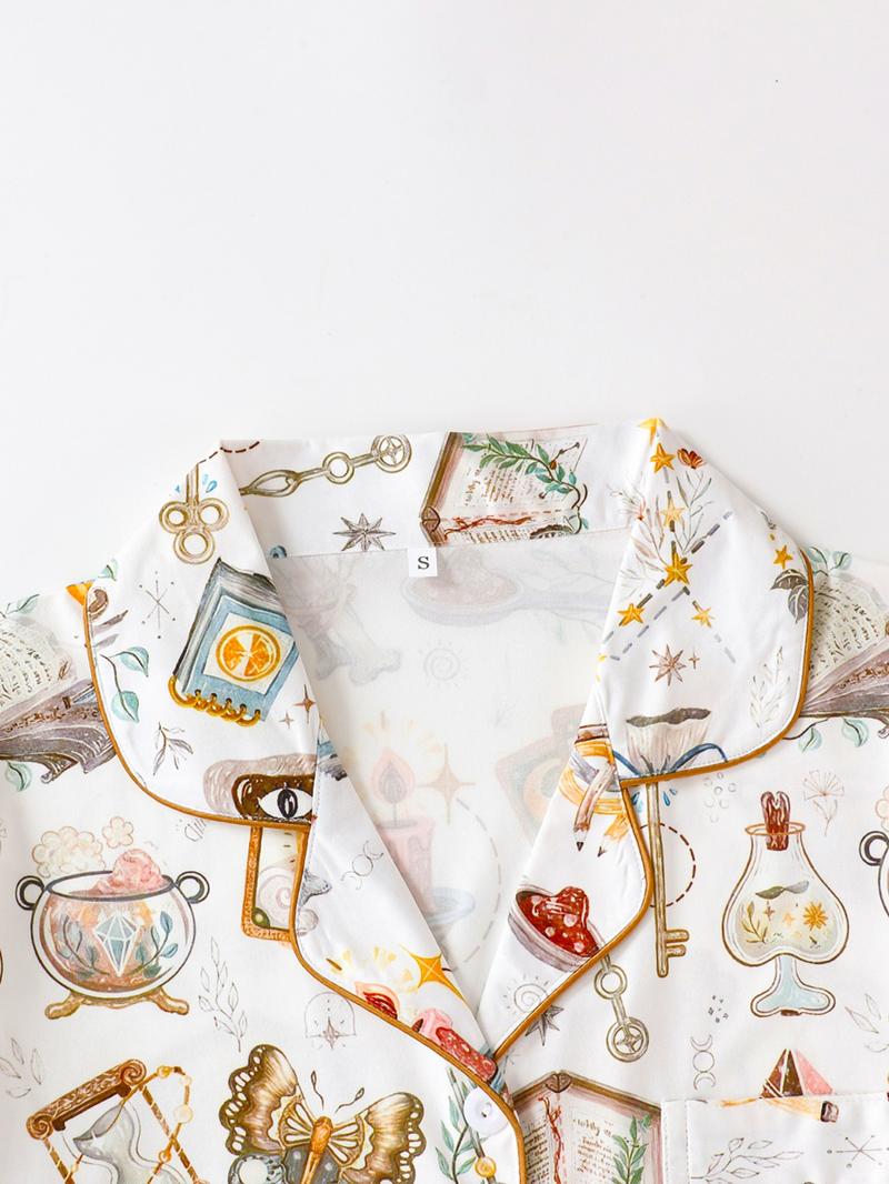 Women's All Over Print Pyjamas Two-piece Set, Casual Comfy Short Sleeve Lapel Neck Pajama Top & Elastic Waist Shorts PJ Set, Ladies Sleepwear, Loungewear Pajamas Set, Casual Pajama Sets