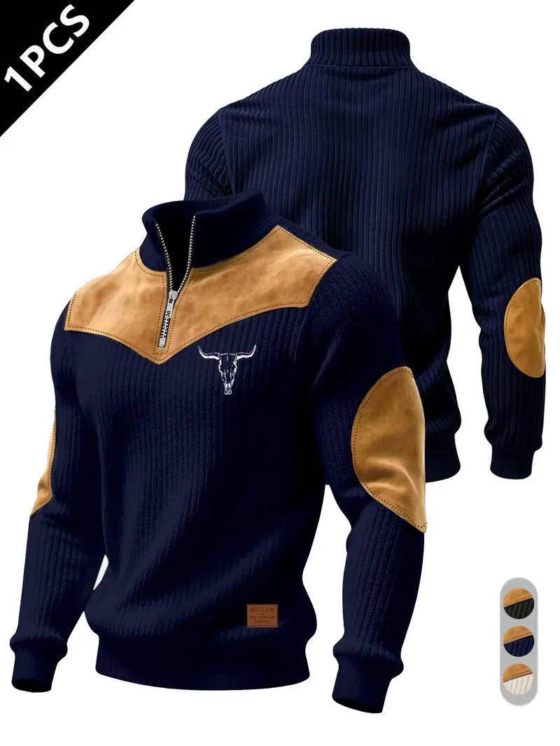 Men's Half-Zip Stand Collar Knit Top, Suede Texture Shoulder Patches, Bull Head Print, Slim Fit, Retro American Style, Casual Wear, Knitwear