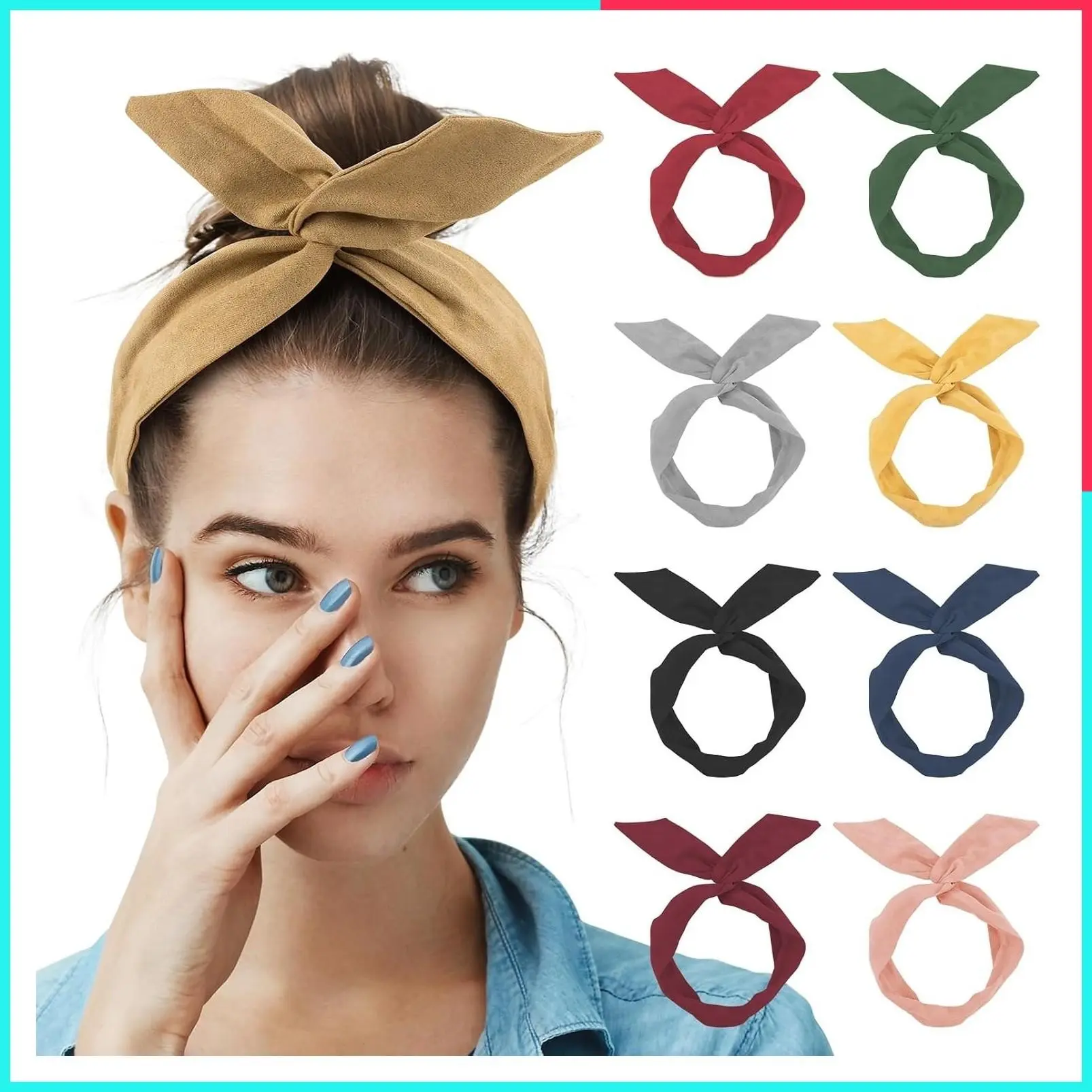 9 Pack Solid Color Twist Bow Headbands with Wired Hair Tie, Rabbit Ear Head Wraps for Women and Girls Accessories