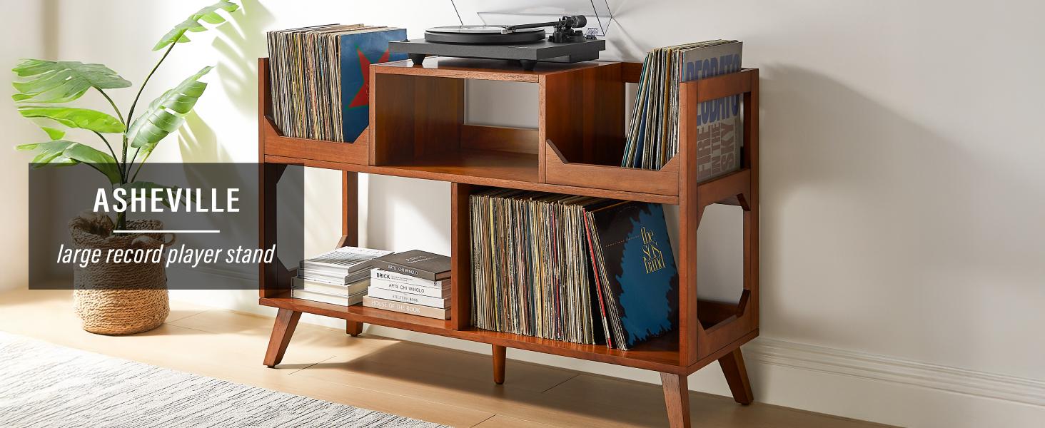 Crosley Furniture Asheville Mid-Century Modern Media Console Record Player Stand, Storage for Vinyl Records, Large, Walnut