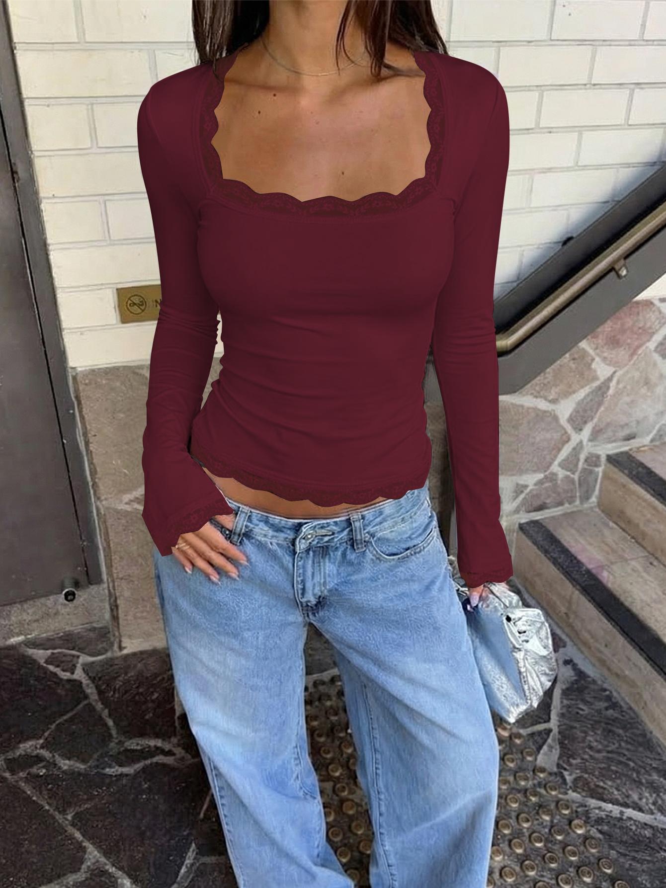 Women's Square Neck Top, Solid Lace Trim Long Sleeve T-Shirt, Elegant Chic Plain Flared Sleeves Slim Fit Crop Top for Spring, Fall and Winter, Womenswear, Blouses Shirts Tops, Casual Elegant Classy, Perfect for Parties, Dates and Everyday Wear