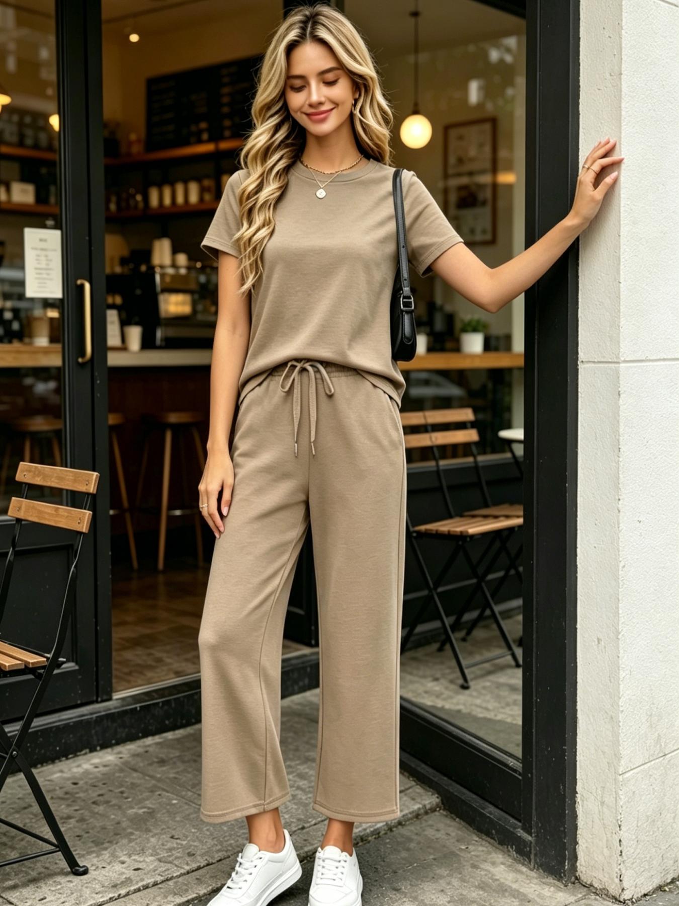 Women's Fashion Solid Color Casual Round Neck Pocket T-Shirt + Drawstring Wide Leg Pants Set Loose Fit Slimming Wide Leg Pants Two-Piece Set Suitable for Summer Commuting to Work Shopping Outings Indoor and Outdoor Wear