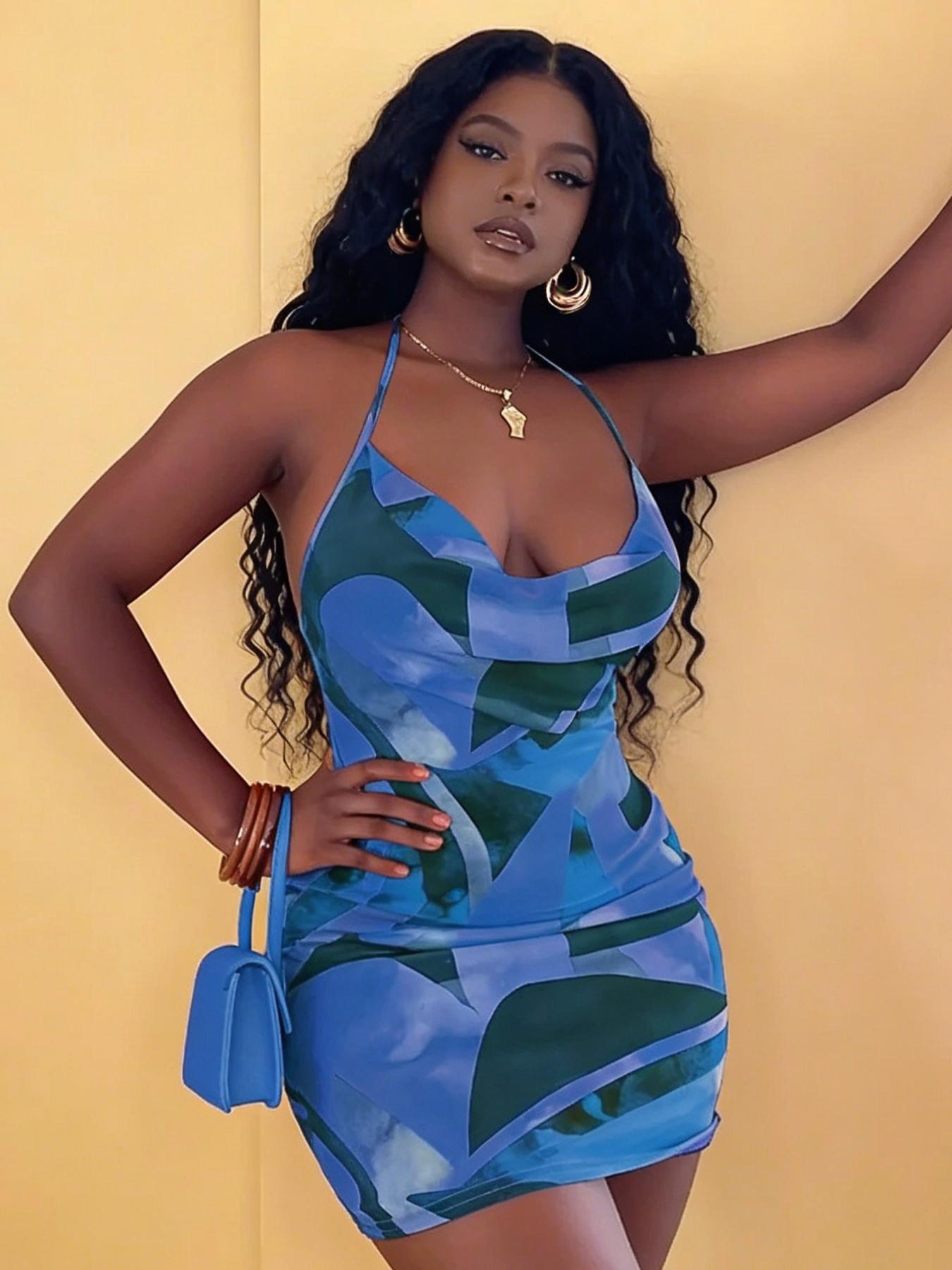 A set of women's casual contrasting printed neck hanging dress with a spicy girl style deep V slim fit hip hugging short skirt for vacation and dating, suitable for summer, suitable for home, indoor, and outdoor wear