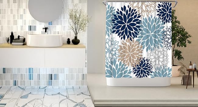 Blue Shower Curtain Dahlia Flower Print Polyester Shower Curtain Bathroom Decor, 72x72inch (deep Blue,tan,Grey,White)