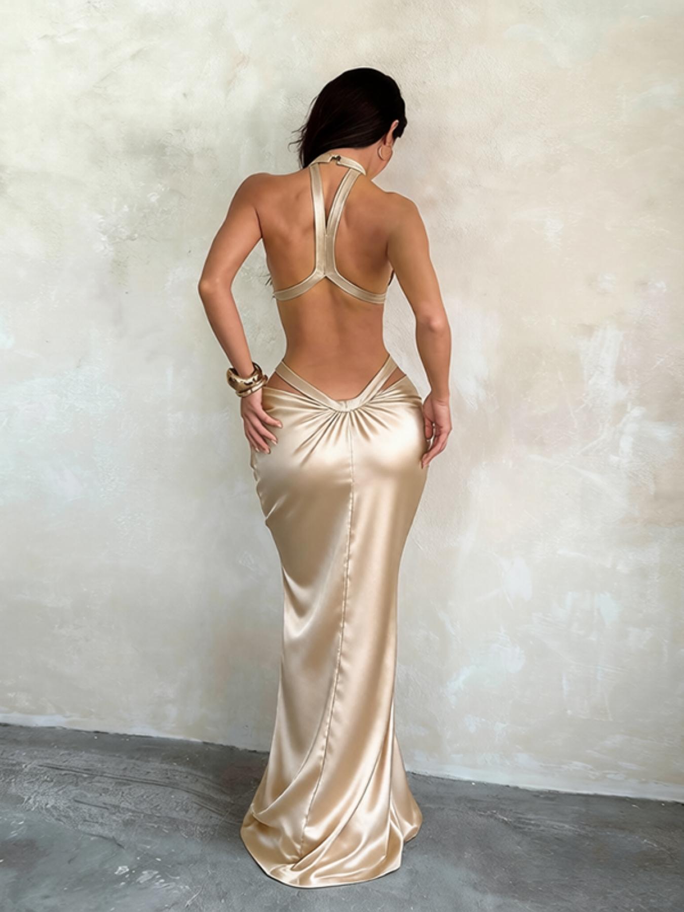 Silk Backless Evening Gown, Elegant Party Dress, Formal Wear for Women, Perfect for Weddings & Special Occasions, Luxurious Design, Chic