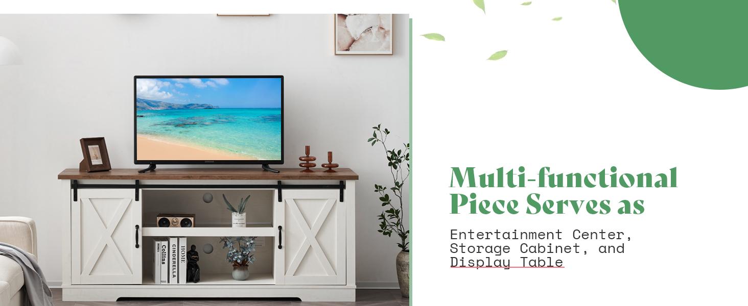 [Spring Sale] VanAcc 66" Farmhouse TV stand for 75 Inches TVs, Entertainment Center with Sliding Barn Door and Adjustable Shelf & Feet, Console Table with Storage
