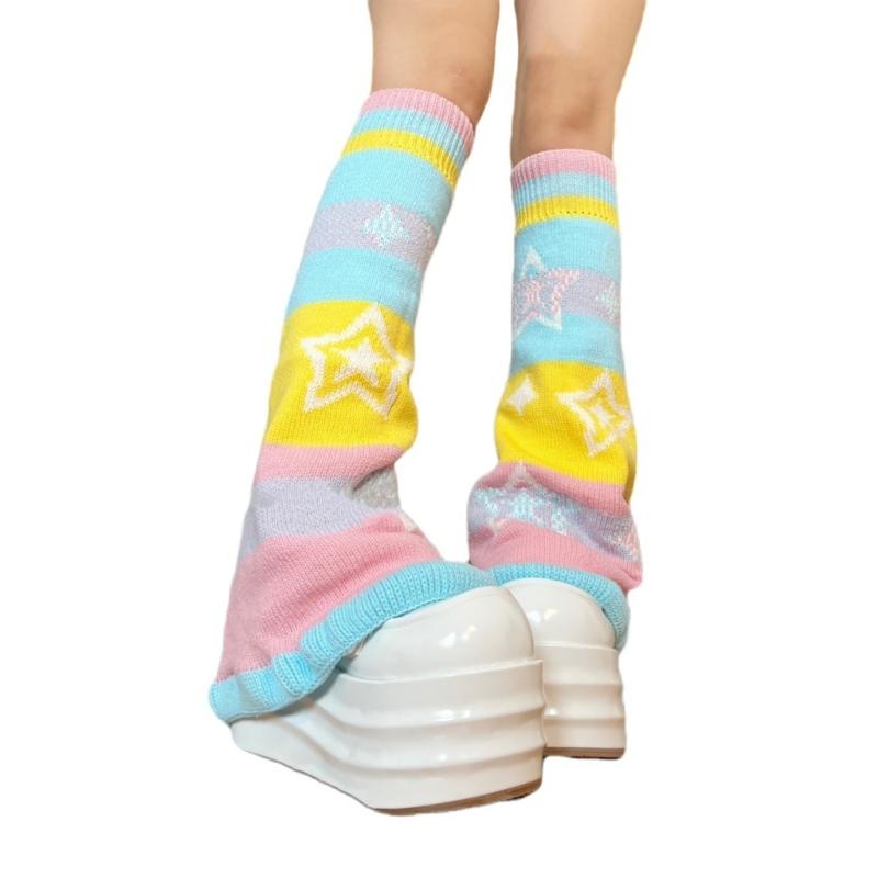 Women Girls Candy Color Rainbow Flared Leg Warmers Sweet Star Pattern Aesthetic Knitted Footless Covers Socks for Adults Teens