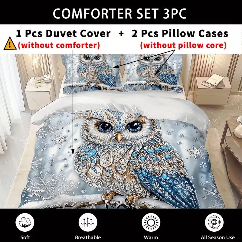 3-Piece Set with Owl on Branch Design, Includes 1 Duvet Cover and 2 Pillowcases, Snowflake Surround, Elegant and Cozy, Year-Round Use