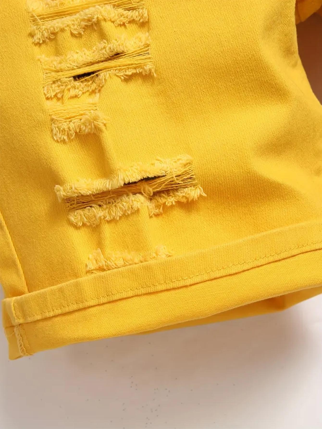 Men's Cotton Yellow Distressed Ripped Denim Shorts, Y2K Streetwear Bright Color Jean Shorts, Casual Summer Knee-Length Bottoms, High Street Fashion Men's Cotton Yellow Distressed Ripped Denim Shorts, Y2K Streetwear Bright Color Jean Shorts, Casual Summer Knee-Length Bottoms, High Street Fashion